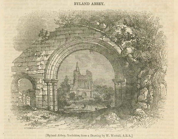 "Byland Abbey, Yorkshire"  Wood engraving published 1836. Below the image and on the reverse side is text about the history and situation of Byland Abbey.  Original antique print, interior design, wall decoration, ideas, idea, gift ideas, present, vintage, charming, special, decoration, home interior, living room design