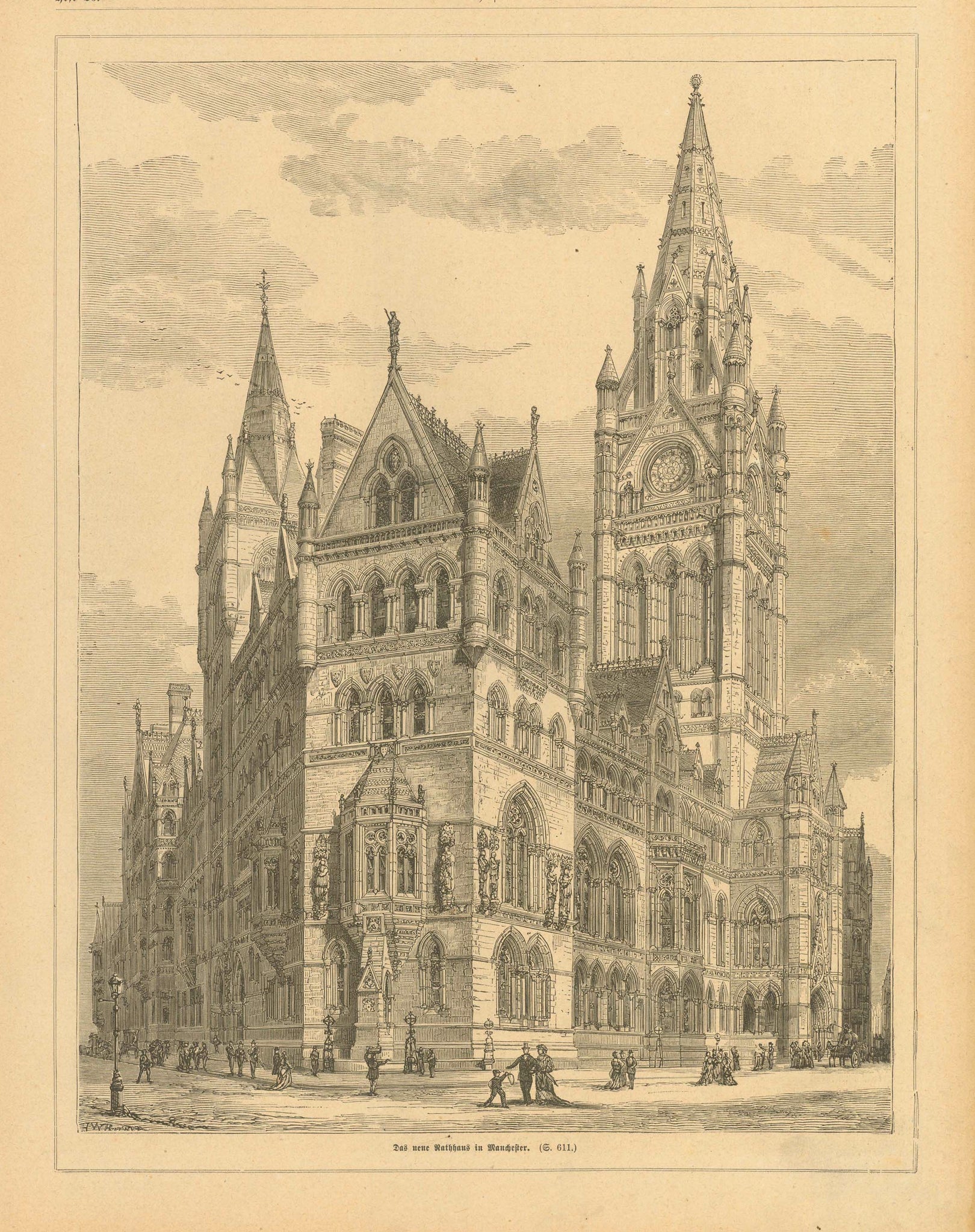 "Das neue Rathhaus in Manchester" (The new town hall in Manchester)  England, New Town Hall Manchester, Neue Rathhaus Manchester, "Second City“ Englands  Wood engraving published 1879.  Original antique print  