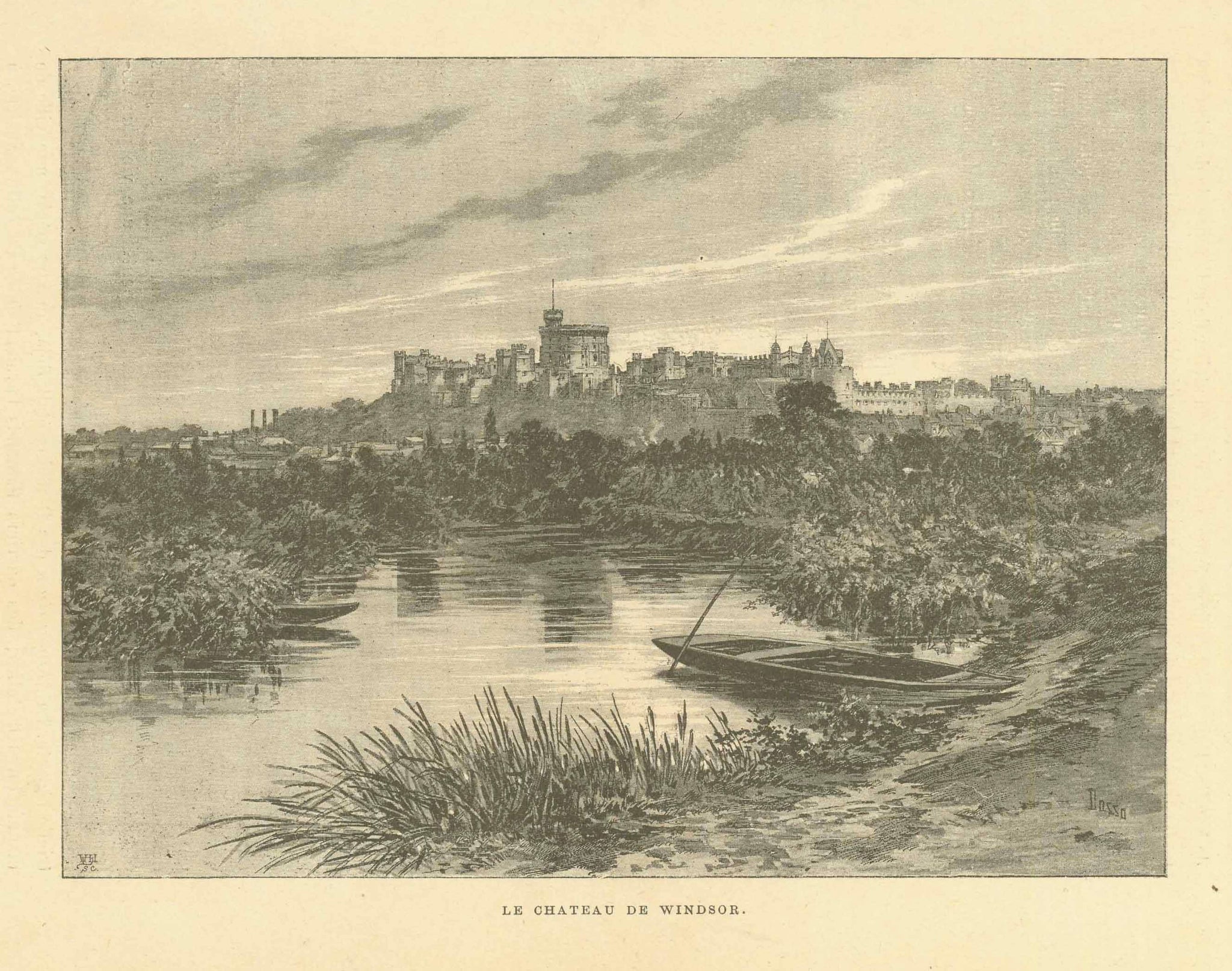 "Le Chateau de Windsor"  Zincograph published ca 1890. On the reverse side is text about English towns.  Original antique print 