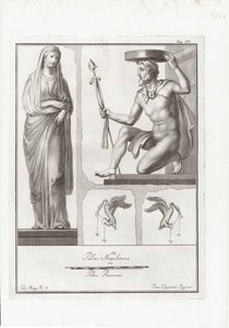 Engraved by Nolli after Gio. Morghen.  Herculaneum, Ercolano, Fresco, Ausgrabungen, Nolli,  after Gio. Morgen  Copper etching from "Raccolta di Pitture d'Ercolano", a collection of prints which was published between the years 1752 - 1762. A very attractive series, decorative and impressive! The prints were made from frescos and artefacts excavated in Herculaneum.  Below most images are the words "Palmo Romano" and "Palmo Napolitano" with a measurement shown for each size of the palm of the hand. 