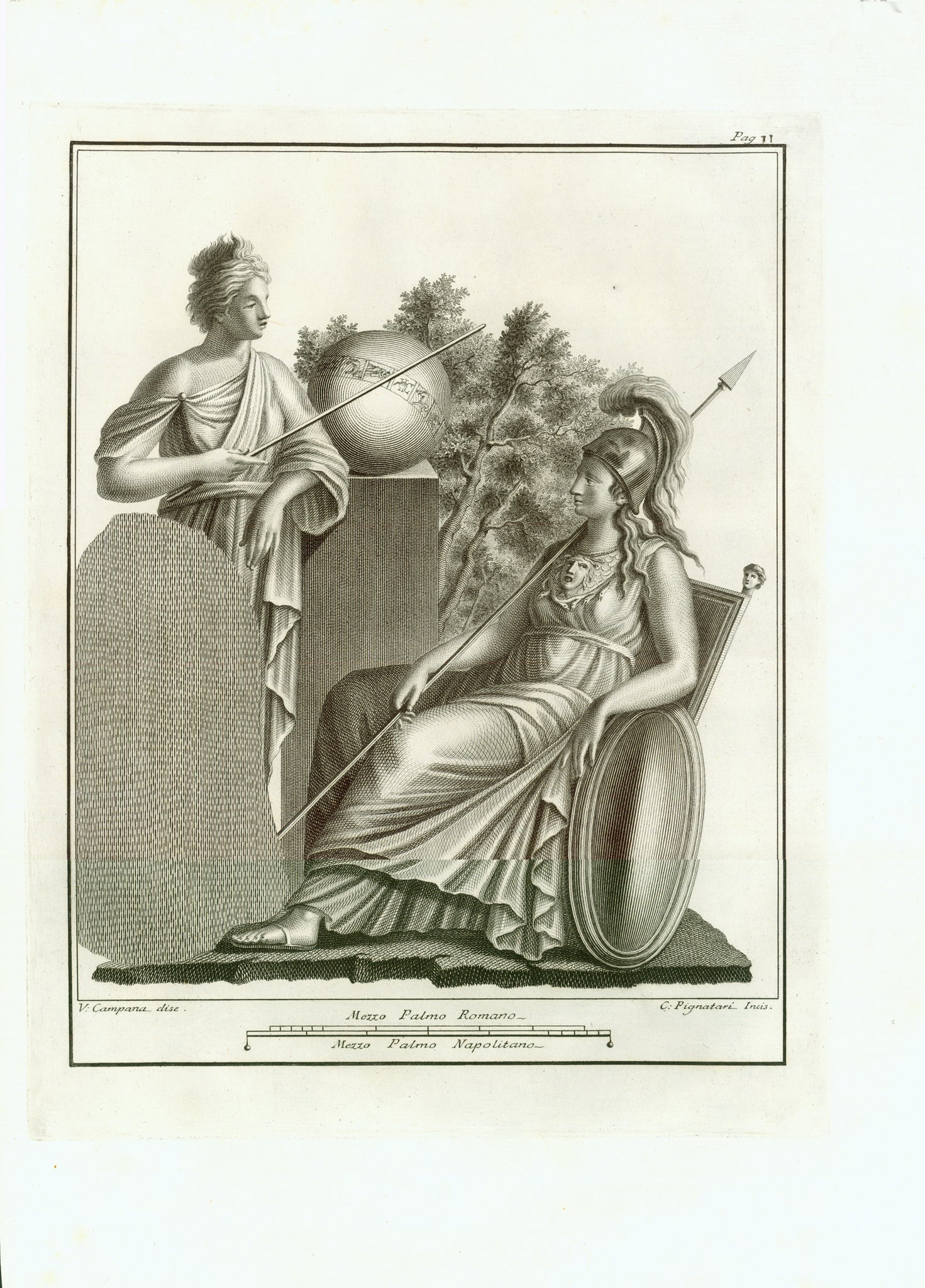 Urania, in Greek Mythology the muse of Astronomy here with Pallas Athene. Urania demonstrates the zodiac pictured as a ribbon around the earth.  Copper etching by C. Pignatari after the drawing by V. Campana  Published in "Antichita di Ercolano eposte" 8 volumes.  Naples, Napoli, Neapel, 1757-1792 interior design, wall decoration, ideas, idea, gift ideas, present, vintage, charming, special, decoration, home interior, living room design