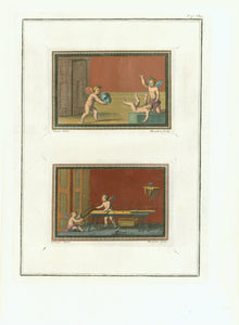 Engraved by Morghen after Fran. Lauega Ispan.  Copper etching from "Raccolta di Pitture d'Ercolano", a collection of prints which was published between the years 1752 - 1762. A very attractive series, decorative and impressive! The prints were made from frescos and artifacts excavated in Herculaneum.
