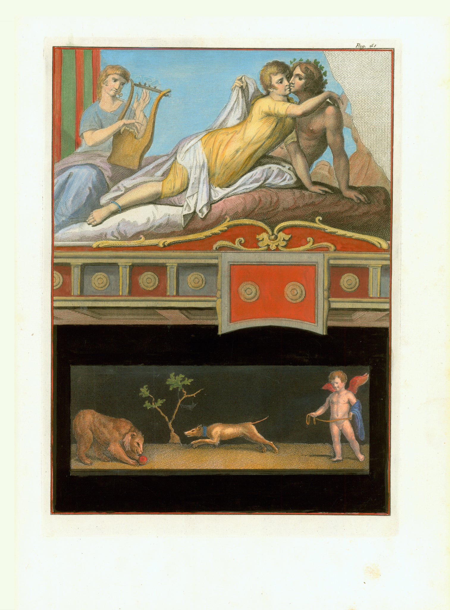 No title. Amorous couple, engaged in the game of love, accompanied musically by a nymph playing the lyra.  Wall fresco in Ercolano  Hand-colored copper etching  Published in "Antichita di Ercolano esposte"  Naples, 1757-1792