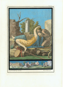 No title. Pan seducing a young woman.  Pan, Greek God of pastures, here recognized for his tail, his flute and his shepherd's staff.  Wall fresco in Ercolano  Hand-colored copper etching by Philipp Morghen after the drawing by Nicolaus Vanni  Published in "Antichita di Ercolano esposte"  Naples, 1757-1792