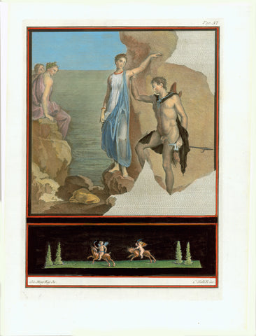 No title. Young couple. Apollo? or Jason?  Wall fresco in Ercolano  Hand-coloured copper etching by C. Nolli after the drawing by Giovanni Morghen  Published in "Antichita di Ercolano esposte"  Naples, 1757-1792
