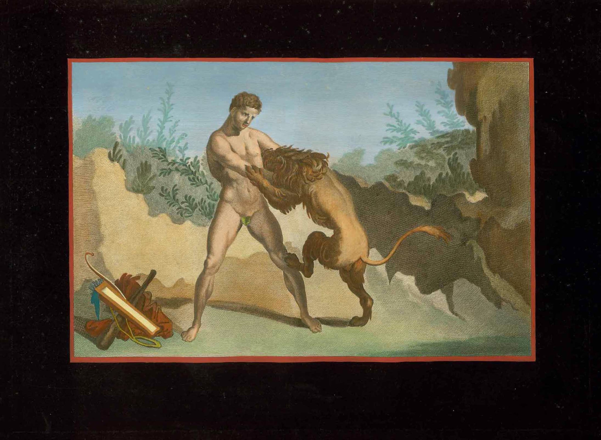 Hercules inmids of his first (of twelve) tasks: Defeat the Nemean Lion.  The Nimean Lion was not just "a lion". It was, in Greek Mythology,  a monster lion living in Nemea (a city on the Peloponnese). Mortals were unable to kill it, all weapons failed. But Hercules with his supra natural force killed the beast. And his first task was accomplished!  Wall fresco in Herculaneum  Anonymous hand-colored (gouache) copper etching.  Published in "Le Antichita di Ercolano esposte"