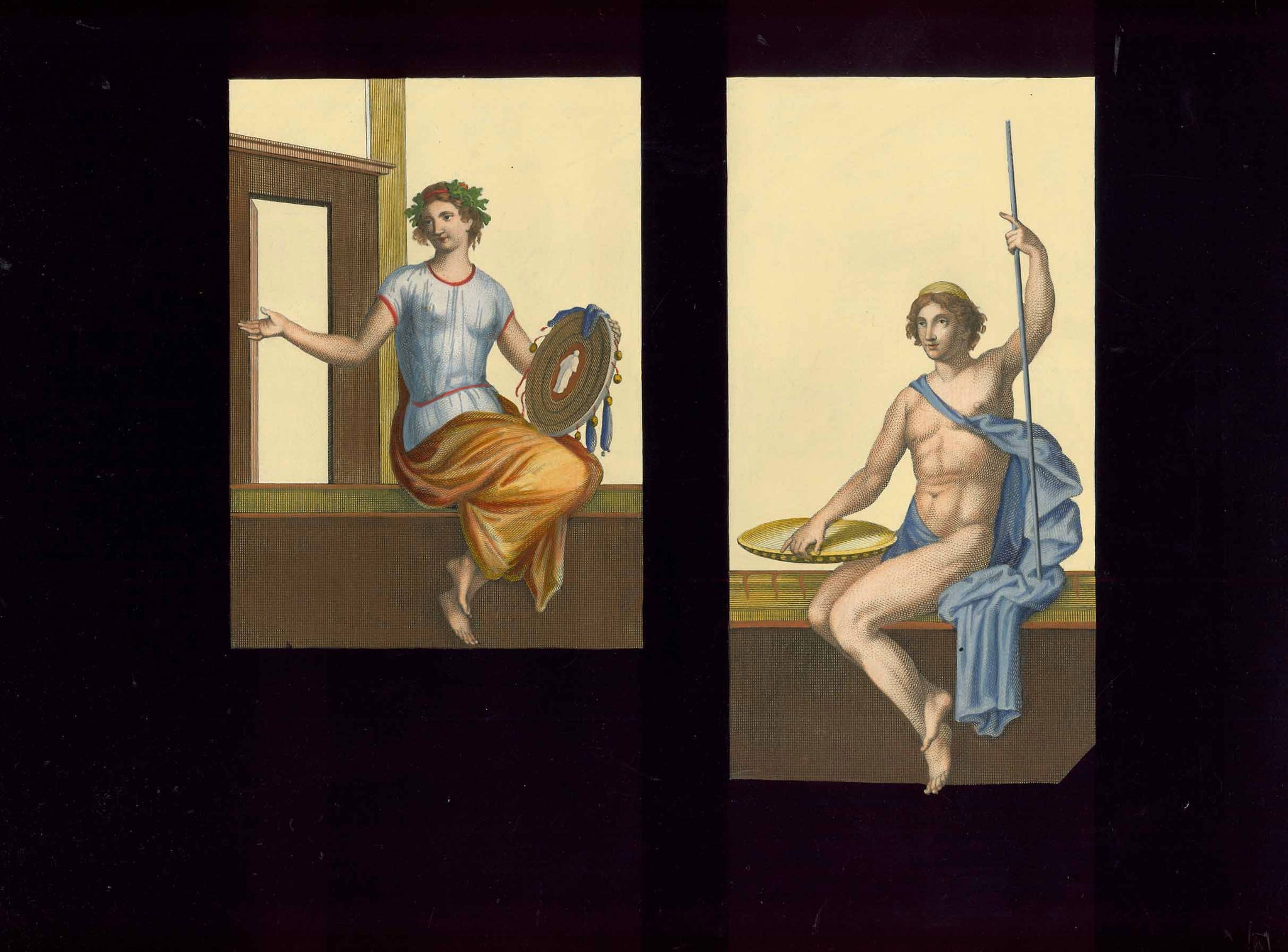 No title. Left: A girl (with musical instrument?" Right: Young nude man sitting on a bench  Anonymous hand-colored (gouache) copper etching.  Published in "Le Antichita di Ercolano esposte"  An 8-volume work on the antiquities found during the excavations of Herculaneum.  Naples, 1757-1792