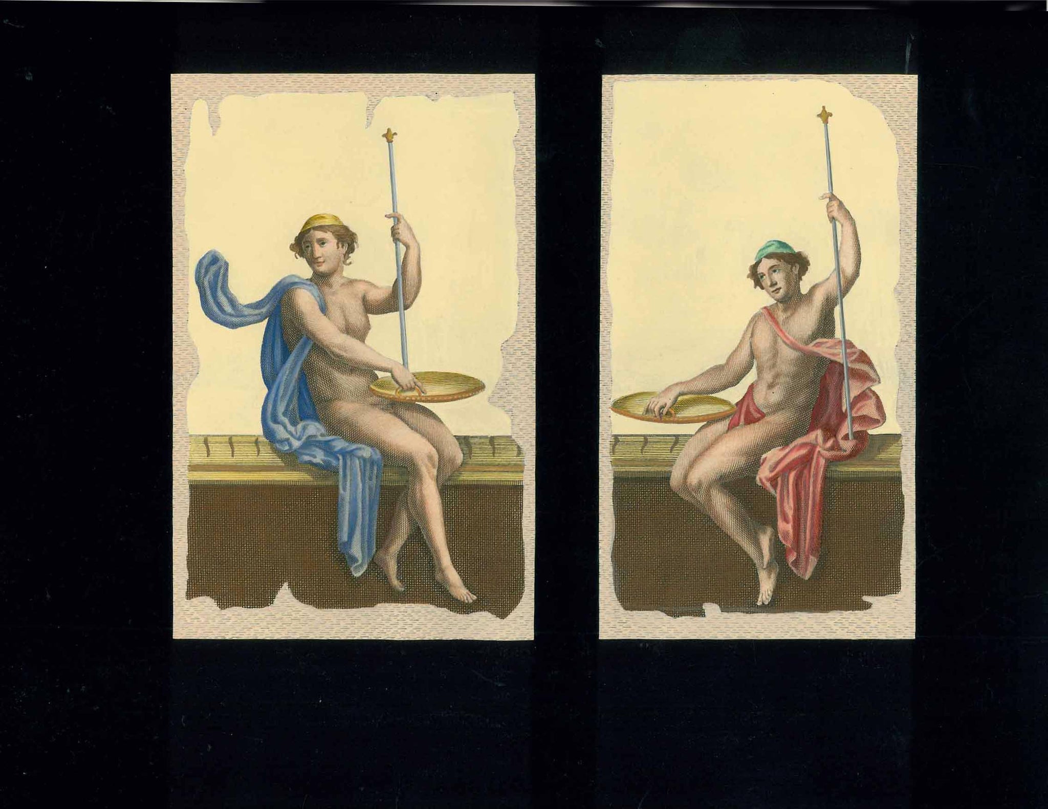 No title. Two separate nude young men sitting on bench.  Anonymous hand-colored (gouache) copper etching.  Published in "Le Antichita di Ercolano esposte"  An 8-volume work on the antiquities found during the excavations of Herculaneum.  Naples, 1757-1792