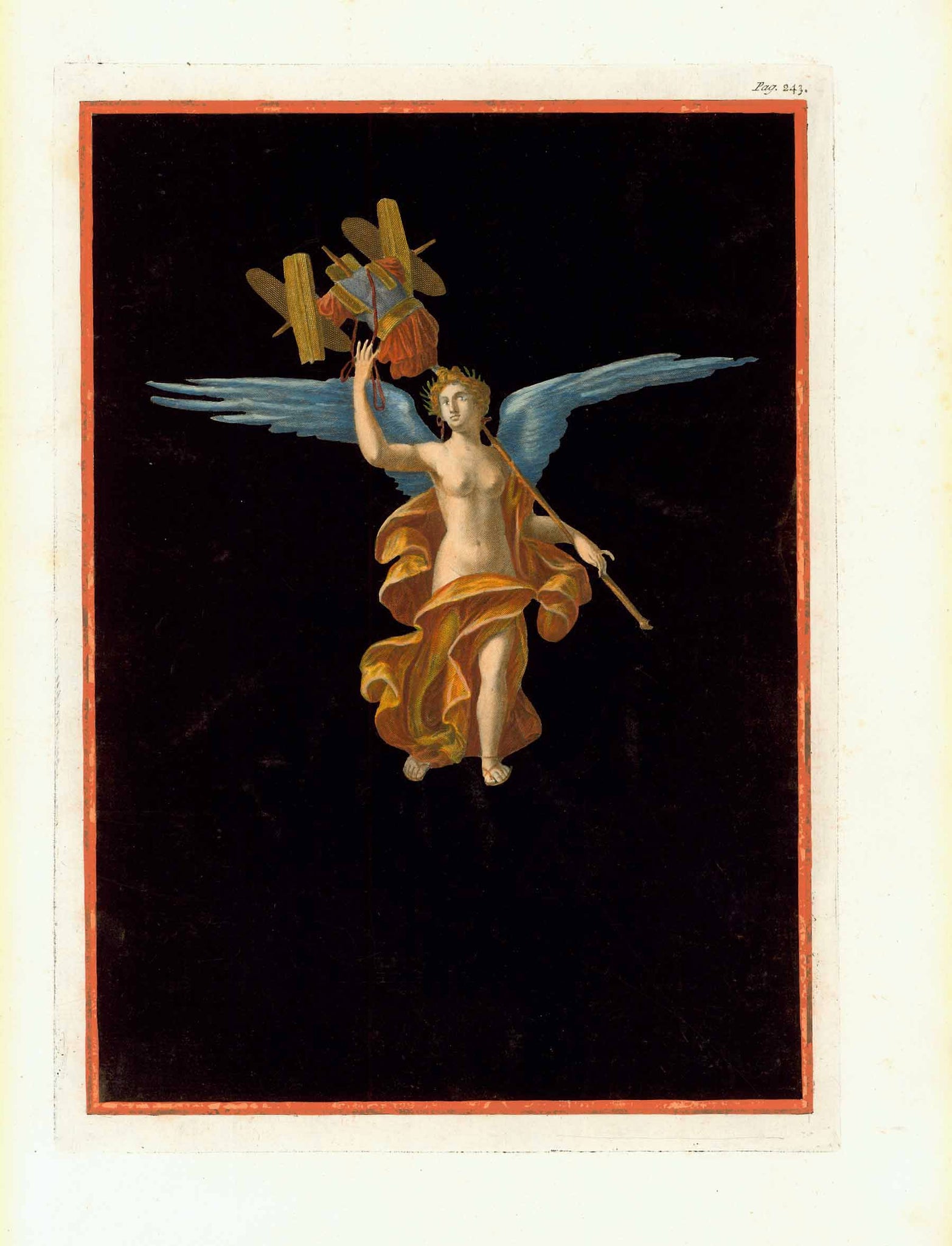 No title. - "Angel"  Wall fresco in Herculaneum  Anonymous hand-colored (gouache) copper etching. Page 243  Published in "Le Antichita di Ercolano esposte"  An 8-volume work on the antiquities found during the excavations of Herculaneum.  Naples, 1757-1792