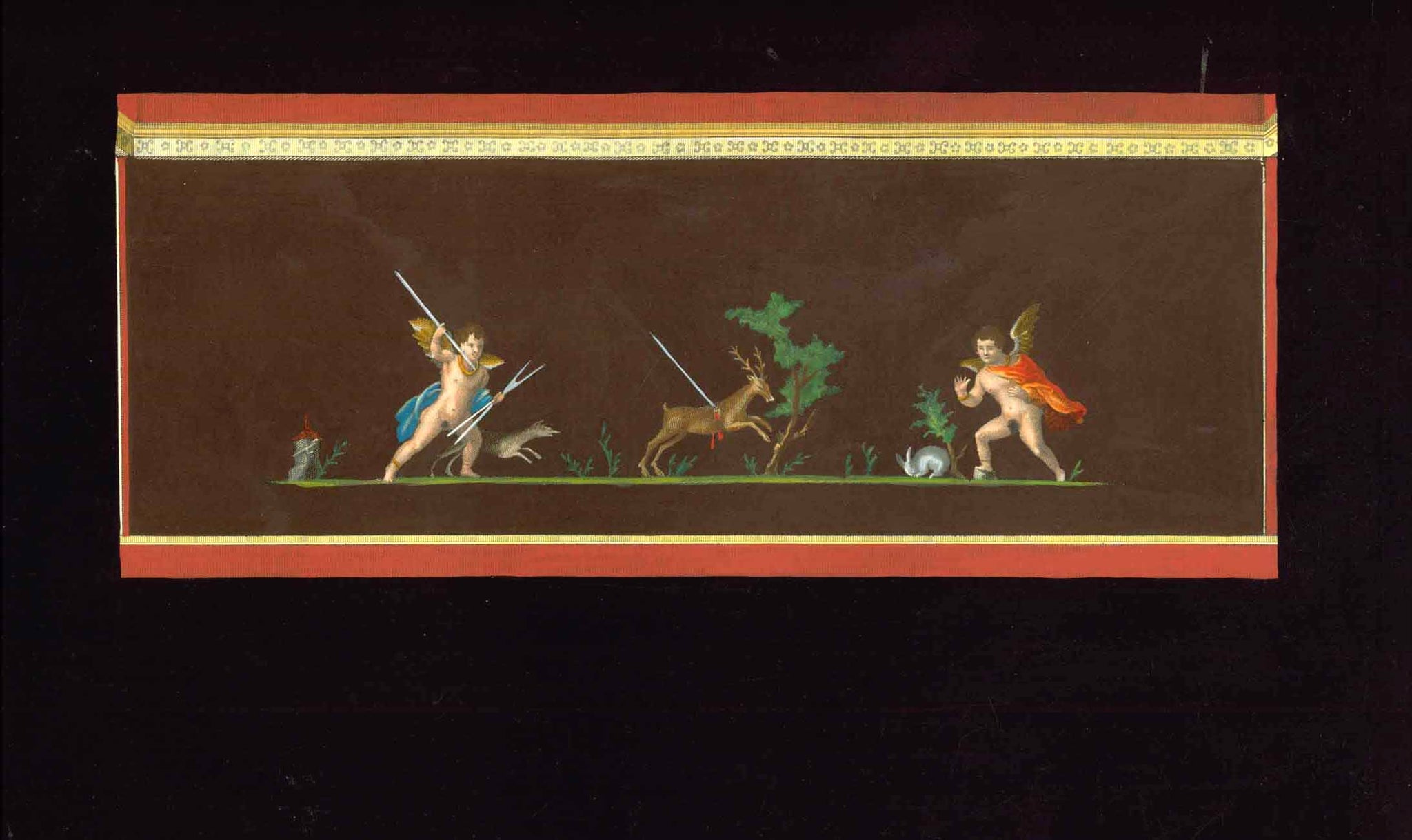No title. One winged putto hunting deer, the other catching rabbit.  Wall fresco found during excavations in Herculaneum ca. 1750  Hand-colored copper etching. Surround by velvety black gouache-style  Published in "Antichita di Ercolano Esposte"  8 volumes of copper etchings  Naples, 1757-1792