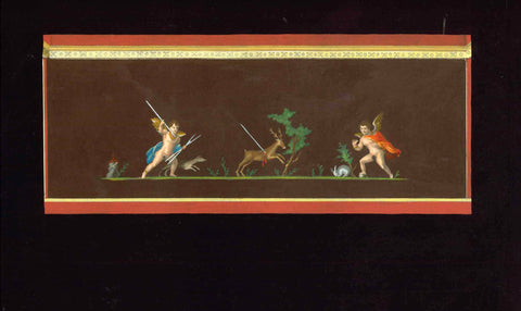 No title. One winged putto hunting deer, the other catching rabbit.  Wall fresco found during excavations in Herculaneum ca. 1750  Hand-colored copper etching. Surround by velvety black gouache-style  Published in "Antichita di Ercolano Esposte"  8 volumes of copper etchings  Naples, 1757-1792