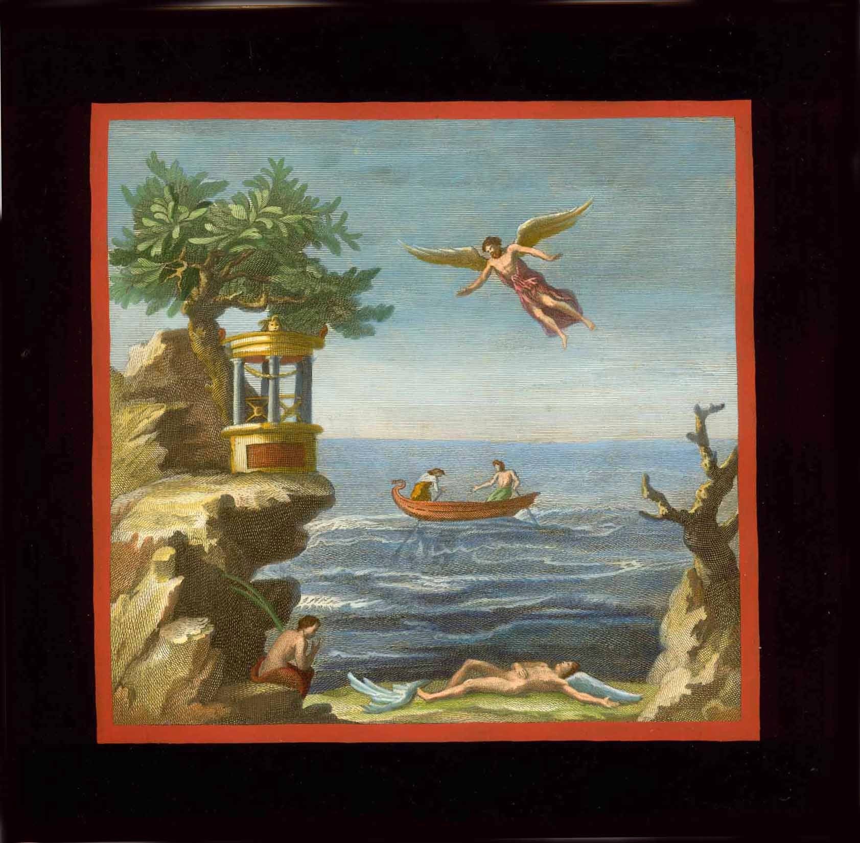 No title. - Ikarus crashed  Hand-colored copper etching.  Published in "Le Antichità di Ercolano Esposte"  Naples (Napoli, Neapel), 1757-1792 (in eight volumes)  Imprisoned by King Minos, Ikarus and his father Daedalus knew only one escape way: by flying. They manufactured wings for themselves held together by wax. Daedalos emphasized to his son, not to get too close to the sun, lest the wax would melt. But Ikarus, exuberant as he was, disregarded his father's admonishment. The heat of the sun melted the wa
