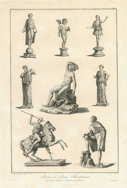 Portici / Ercolasno. - "Statues de Bronze tirees d'Herculaneum Conservees dans de Musaeum de Portici"  PAIR of copper etchings, Page Nrs: 114 and 115, by Louis Durameau (1733-1796)  Paris, ca. 1780  Pair of very decorative renderings of bronce statues found during the excavations of Ercolano (Herculaneum)
