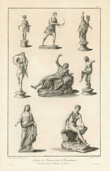 Portici / Ercolasno. - "Statues de Bronze tirees d'Herculaneum Conservees dans de Musaeum de Portici"  PAIR of copper etchings, Page Nrs: 114 and 115, by Louis Durameau (1733-1796)  Paris, ca. 1780  Pair of very decorative renderings of bronce statues found during the excavations of Ercolano (Herculaneum)