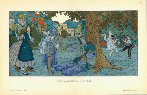 "Les Travestis dans le Parc"  Transvestites in the parc.  Lithograph in Art Deco style by Pierre Brissaud (1885-1964)  Printed in color  Published in "Gazette du bon Ton"
