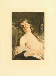 No title. Lascivious girl.  Etching by Eugene Gaujean (1850-1900). After a painting by Charles Joshua Chaplin (1825-1891)  Printed in color.  Publisher: Georges Barnis  Paris, dated 1893  Print is mounted on carton with a glue spot in the four corners.  The artists names marked on the carton in pencil hand writing.  There is a penciled title given: "Recollections", which may be assumed to be correct. Looking at the young lady she is indeed recollecting a wonderful love experience.  The painting can be seen 