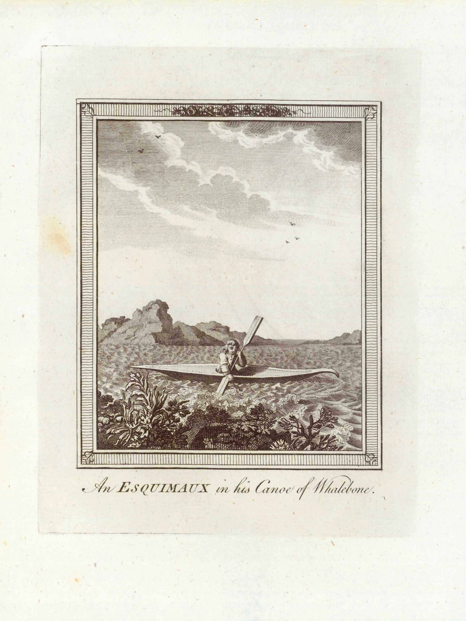"An Esquimaux in his Canoe of Whalebone"  Copper engraving by Jean-Nicolas Bellin ca 1760.  Original antique print    Inuit, Esquimaux Eskimo, Whalebone, Jagd, Chasse, Hunting