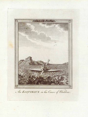 "An Esquimaux in his Canoe of Whalebone"  Copper engraving by Jean-Nicolas Bellin ca 1760.  Original antique print    Inuit, Esquimaux Eskimo, Whalebone, Jagd, Chasse, Hunting