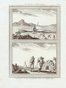 "Ein Esquimau in Seinem Canote."  "Equimauer von der nordwestlichen Küste der Hudson bay."  Copper engraving by Jean-Nicolas Bellin ca 1760.  Original antique print     Fine condition.  Image: 19.4 x 14 cm (7.6 x 5.5'')  Inuit, Esquimaux, Canote, Kayak, Canada, Kanada, Hudson Bay 