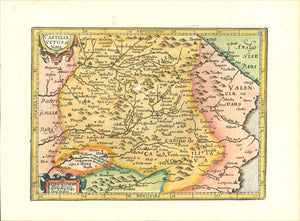 "Castilia Vetus et Nova"  Copper etching by Peter Kaerius (1571-1646). Amsterdam, ca 1620. Verso text in Latin.  Attractive hand coloring.  Map shows the region of Old and New Castilla. In the center of the map are Toledo and Madrid. The map extends as far north as Burgos