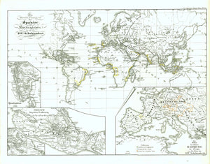 Antique Maps, Spanish colonies, Portuguese colonies, Habsburgs, Besitzungen Spanien und Portugal  The colonies of the Spanish and Portuguese in the 16th Century.  Original hand outline coloring showing the various lands and regions taken by the Spanish and Portuguese.  In the lower right is an inset showing the area belonging to the Habsburgs.  Published ca 1875.  For a 30% discount enter MAPS30 at chekout 