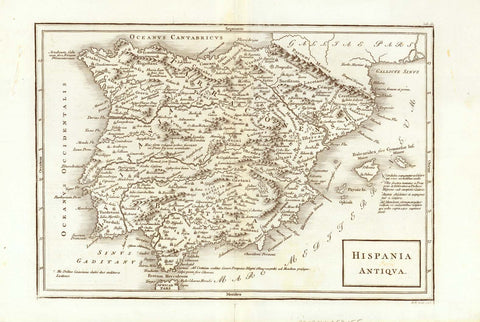 Antique map, "Hispania Antiqua".   Copper engraving by R. Seale, ca 1745.  Spain, Spanien, España, Hispania, Portugal, R. Seale, Ancient names  Interesting historical map of Spain with the antique names of towns and topography. Also given are the names of the early peoples of Spain.  For a 30% discount enter MAPS30 at chekout   Original antique print  