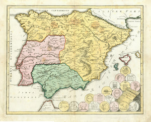 Antique Map of Spanien, España, Spain, Portugal, Roman coins, Numismatic, Iberian Peninsula     For a 30% discount enter MAPS30 at chekout   Map of ANTIQUE Spain and Portugal (Iberia). This map shows the division of the Iberian Peninsula during Roman times. All place names are in Latin. In lower right corner coins are shown, that were currency in Iberia during the Roman Empire.