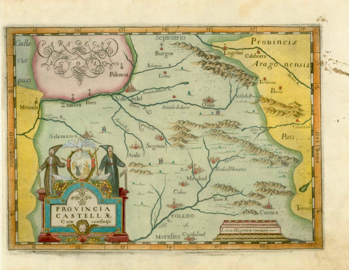 Antique map, antike Karte, "Provincia Castellae cum confiniss"  Castilla, Kastilen, España, Spanien, Spain, Segovia  Copper etching by Giovanni (Johannes) Montecalerio 1649 in modern hand coloring. Rare.  In the middle of this map is Segovia. Somewhat southeast is Madrid. Ciudad Real is at the center bottom of the map. At the top of the map in the center is Burgos.  Published in "Corographica descriptio Provinciarum