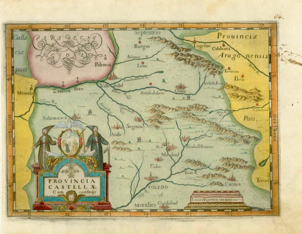 Antique map, antike Karte, "Provincia Castellae cum confiniss"  Castilla, Kastilen, España, Spanien, Spain, Segovia  Copper etching by Giovanni (Johannes) Montecalerio 1649 in modern hand coloring. Rare.  In the middle of this map is Segovia. Somewhat southeast is Madrid. Ciudad Real is at the center bottom of the map. At the top of the map in the center is Burgos.  Published in "Corographica descriptio Provinciarum