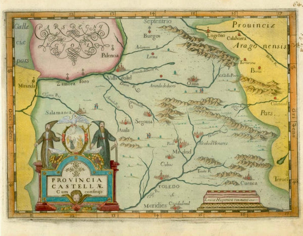 "Provincia Castellae cum confiniss"  Castilla, Kastilen, España, Spanien, Spain, Segovia  Copper etching by Giovanni (Johannes) Montecalerio 1649 in modern hand coloring. Rare.  In the middle of this map is Segovia. Somewhat southeast is Madrid. Ciudad Real is at the center bottom of the map. At the top of the map in the center is Burgos.  Published in "Corographica descriptio Provinciarum