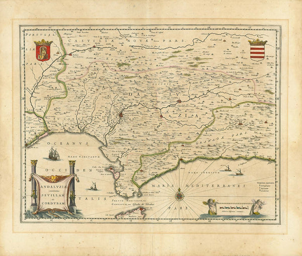 Antique map, "Andaluzia continens Sevillam et Cordubam"  Andalucia, Andalusien, Cordoba, Sevilla, Costa del Sol, Marbella  Copper engraving by Willem Janszoon Blaeu.  Published in Amsterdam ca 1640. Older hand coloring.  On the reverse side is text in Latin about Andalusia, Sevilla and Cordoba and other towns of Southern Spain.  Original antique print  