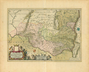 "Episcopatus Balbastrensis Ribagorca Comit. et Sobrarbe"  Copper engraving by Joannes Bleau and Joanne Baptista Labanna.  Published 1664. Original hand coloring. The crown has gold highlighting in the decorative catouche.  Map shows northern Spain around Huesca. In the lower right is the Valle de Aran.