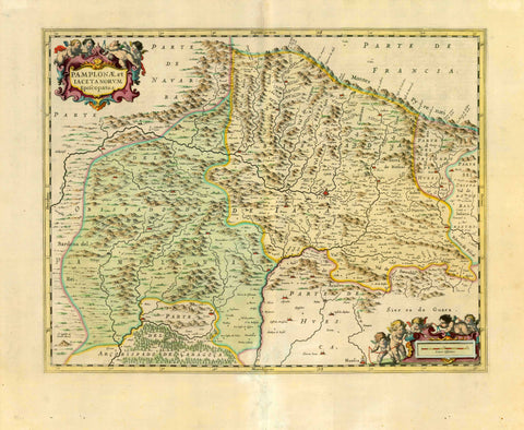 "Pamplonae et Iacetanorum Episcopatus"  Copper engraving map of the area of Jaca which is in the center of this map.  By J. Janssonius ca 1670. On the reverse side is text in Spanish about Jaca and the region which is in the episcopate of Pamplona.  To the left of the lower cartouche is Huesca. Part of the episcopate of Zaragoza ( Caragoca ) is in the lower left part of the map.