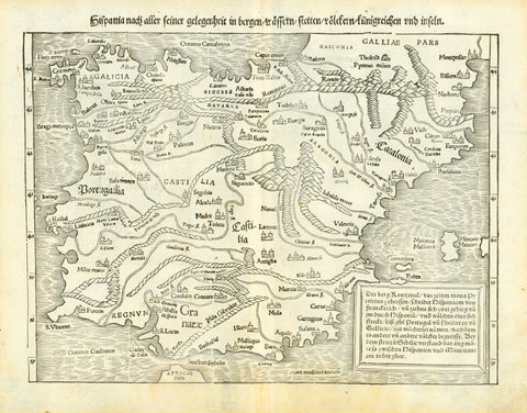 "Hispanien nach aller seiner Gelegenheit in bergen / wassern / stetten / voelkern / koenigreichen und inseln"  Woodcut Published in "Cosmographia"  By Sebastian Muenster (1488-1552)  Basel, 1553  This is a very early map of the Iberian Peninsula. What a nice map! Thanks to Sebastian Muenster! And his "Cosmographia"!  On one side of the reverse is a small, decorative emblem with idealistic scenes and persons.