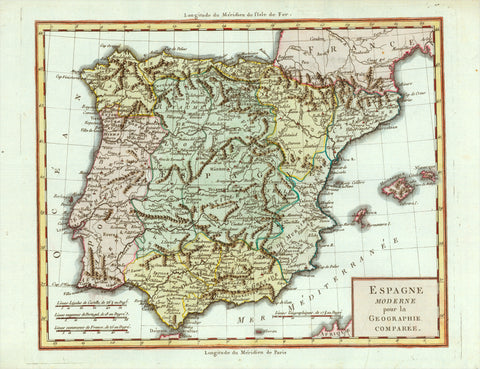 "Espagne Moderne pour la Geographie comparee"  Hand-colored copper engraving published ca 1785. Anonymous. Fine map of Spain and Portugal with topographical details. Very good condition.