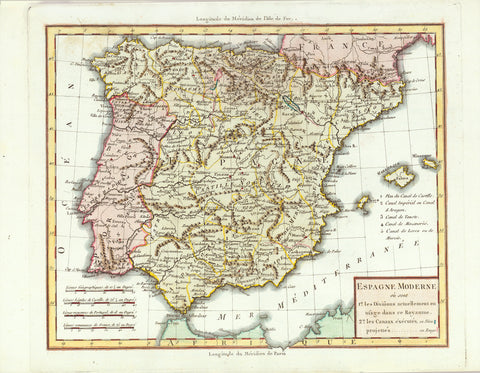 "Espagne Moderne ou sont les divisions actuellement en usage dans ce Royaume...."  Copper engraving map ca 1780. Anonymous. Attractive hand colouring.
