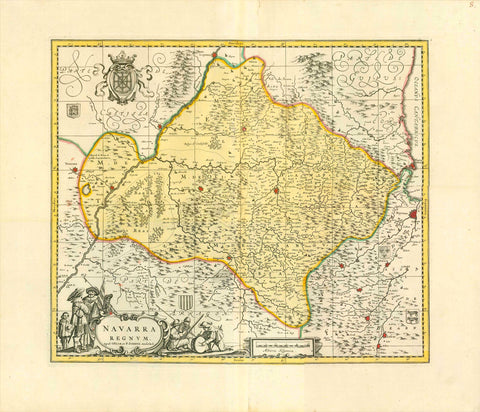 "Navarra Regnum"  Originally hand-colored copper etching. West-oriented!  Published by Gerard Valk & Pieter Schenk  Gerard Valk (1652-1726)  Pieter Schenk (1655-1718)  Published in "Nova totius Geographica"  Amsterdam, 1702  Upper right corner Basque country. Lower right French Pyrenees from the Biscay to Pau.  On the left: The run of the Ebro river from Logroño o Pedrola  Map has parallel folds in right side next to centerfold. Wide margins Repair on upper margin edge near centerfold.  Original antique pri