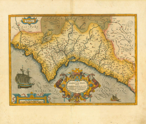 "Valentiae Regni olim Contestanorum si Ptolemaeo, Edetanorum si Plinio Credimus Typus"  Copper engraving map from a rare Abraham Ortelius edition. Published in Antwerp. Dated 1584  but may have been later. Ortelius (1527-1598) was known as the Ptolomeus of the 16th Century.  The map has original hand coloring which is shown by the green areas on the reverse side of the map.  The text on the reverse side is Italian.  In the upper left is Murcia and in the Upper right is Teruel. Very decorative cartouche.  Or