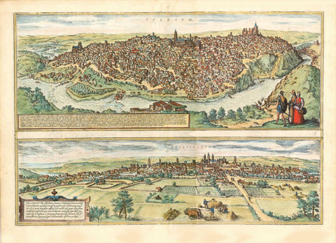 Toledo. - "Toletum" and Valladolid, - "Vallisoletum"  These proud Spanish cities,  "Civitates Orbis Terrarum"  By author and publisher Braun and engraver and publisher Hogenberg interior design, wall decoration, ideas, idea, gift ideas, present, vintage, charming, special, decoration, home interior, living room design
