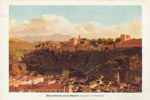 "Blick auf Granada with the Alhambra"  Chromolithograph mde after a watercolor by R. Reschreter ca 1905.  Original antique print , interior design, wall decoration, ideas, idea, gift ideas, present, vintage, charming, special, decoration, home interior, living room design