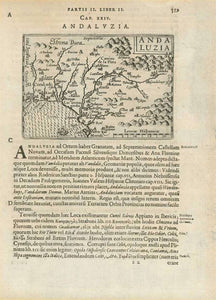 "Andaluzia"  Woodcut map of Andalucia by Paul Merula (1558-1607). From "Pauli G.F.P.N. Merulae cosmographiae generalis libri II", 1605.  Latin text below the image and on the reverse side gives early information about Andalucia by Plinius, Strabo, Herodotus and other ancient writers.  Original antique print , interior design, wall decoration, ideas, idea, gift ideas, present, vintage, charming, special, decoration, home interior, living room design