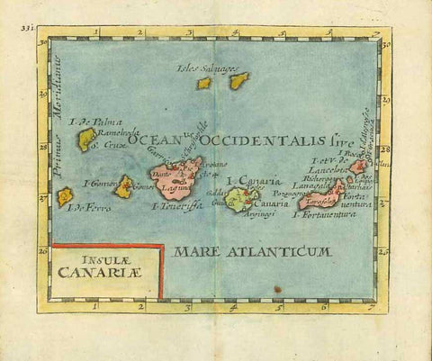 "Isulae Canariae"  Copper engraving map by Pierre Duval, 1690.  Early map of the Islas Canarias. Tenerife, Fuerteventura, Gran Canaria, Lanzarote, La Palma, La Gomera, El Hierro, La Graciosa At the top are the Isles Saluages (Savages) which are administered by Madieira/Portugal.  Original antique print 