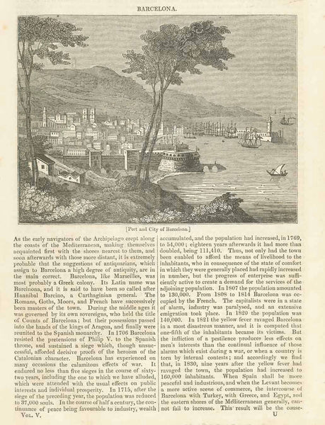 "Port and City of Barcelona"  Wood engraving on a page of text that continues on the reverse side. Published 1836.  Original antique print 