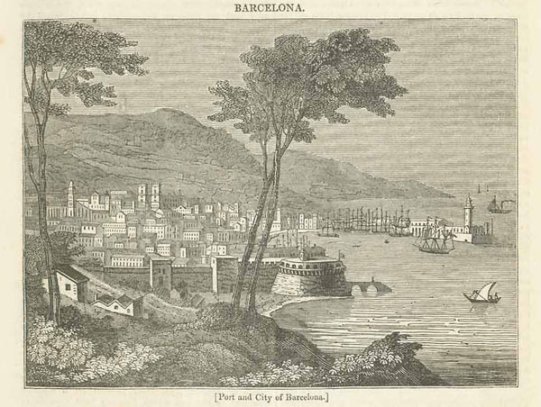 "Port and City of Barcelona"  Wood engraving on a page of text that continues on the reverse side. Published 1836.  Original antique print 