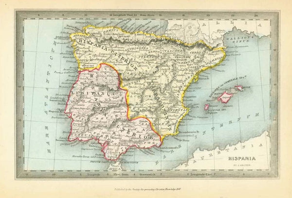 "Hispania"  Rare copper engraving map by Joshua Archer (1792-1863) Published by the Society for Promoting Christian Knowledge in 1847. Very attractive original hand coloring. Ancient names of towns and topography.  Original antique print    For a 30% discount enter MAPS30 at chekout , interior design, wall decoration, ideas, idea, gift ideas, present, vintage, charming, special, decoration, home interior, living room design