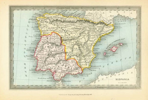 Antique map, Spain, "Hispania"  Rare copper engraving map by Joshua Archer (1792-1863) Published by the Society for Promoting Christian Knowledge in 1847. Very attractive original hand coloring. Ancient names of towns and topography.  Original antique print  