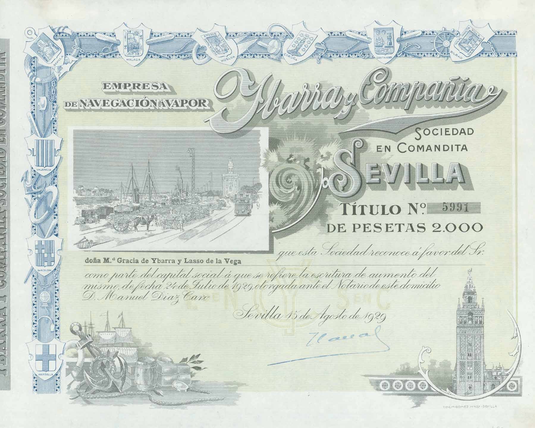 "Empresa de Navigacionavapor Ibarra y Compania... Sevilla"  This stock was printed in 1929 in Seville for the Ibarra Steamship Company.  On the reverse side is the the list for the shareholders - in this case it is unused.  Original antique print    This is an interesting piece for collectors of stocks (Aktien)