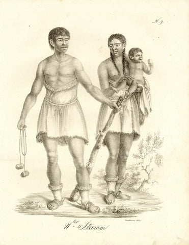 Ethnology - Carl Joseph Brodtmann named Stamm = Tribe  Argentina - Chile - Patagonia. - "VII  ter Stamm". Plate No. 9 - "Patagonier mit Weib ind Kind". Patagonian with wife and childLithograph by Carl Joseph Brodtmann after his own drawing.  Incunabulum of lithography (meaning printed within the first 25 years after invention of lithography. This time period ends 1821).  Published in "Naturhistorische Bilder-Gallerie aus dem Thierreiche"  by Carl Joseph Broadmann 