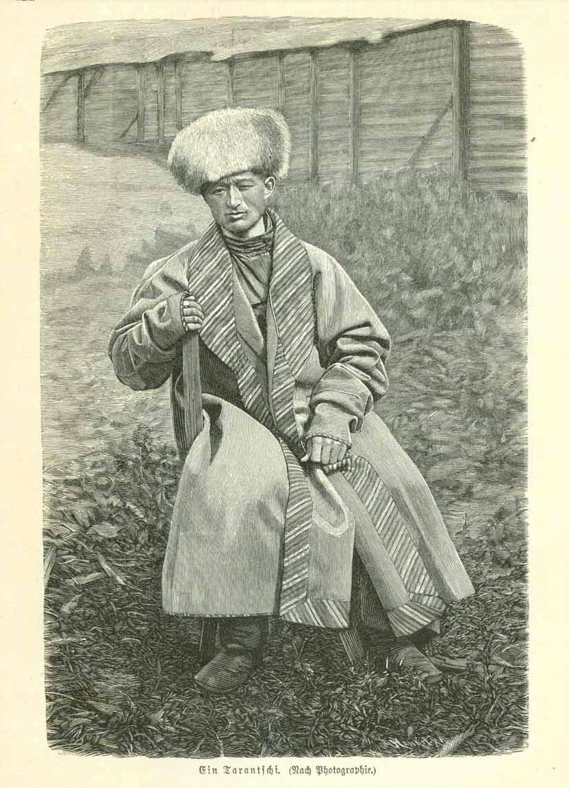 "Ein Tarantschi"  Member of the Sultanate Tarantschi in Central Asia. The people are a nomand people of a Mongoian race of the Turkish Tarantschi.  The image is a wood engraving made after a photograph and published 1895.
