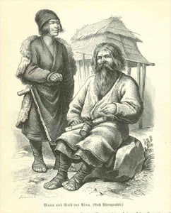 "Mann und Weib der Uino" (Aino)  Wood engraving made aftr a photograph 1895. Below the image and on the reverse side is text in German about the Uino (Aino) in Japan.